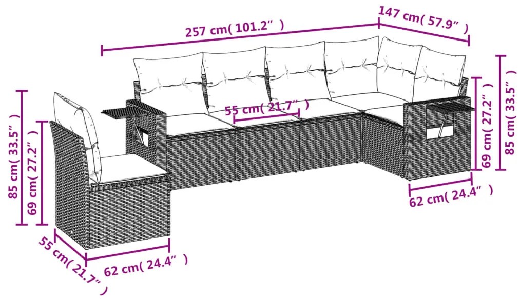 6 pcs conjunto de sofás jardim c/ almofadões vime PE castanho