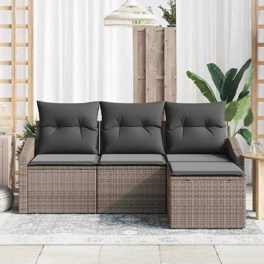 Conjunto de Sofá de Jardim com 4 Peças e Almofadas em Rattan Cinza