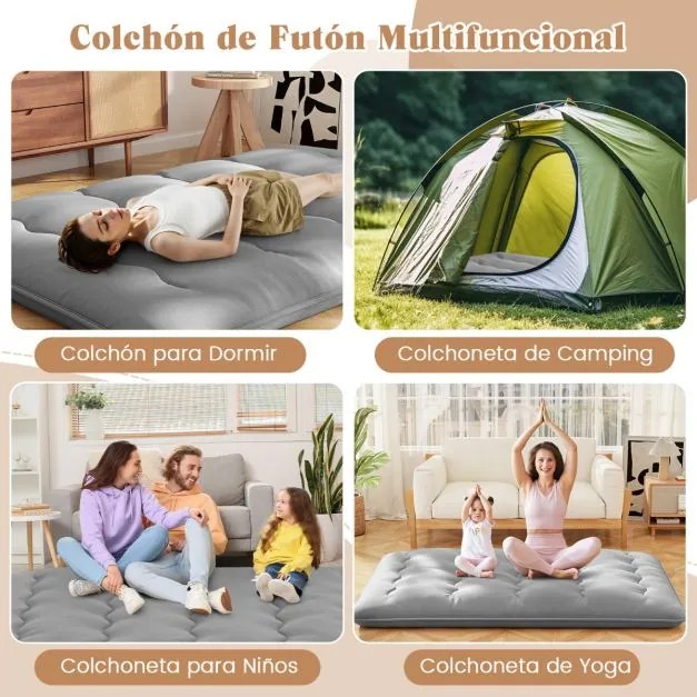 Colchão enrolável para o chão com capa lavável com bolsa de transporte 200 x 140 x 10 cm - cinzento