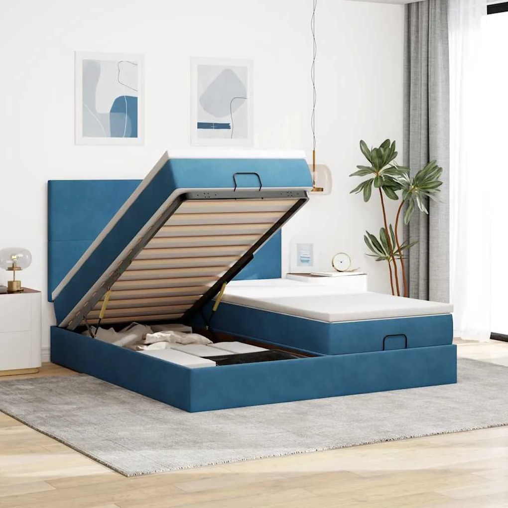 Cama otomana com colchões/LEDs 200x200 cm veludo azul-escuro