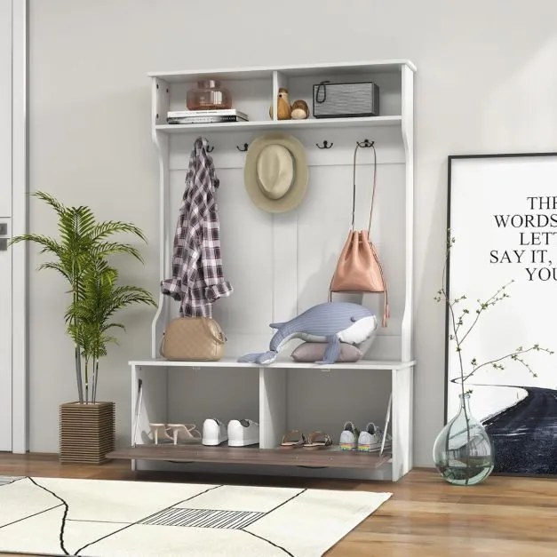 Cabide para entrada com sapateira 100 x 40 x 160 cm, armário de entrada com banco, 2 compartimentos abertos, branco