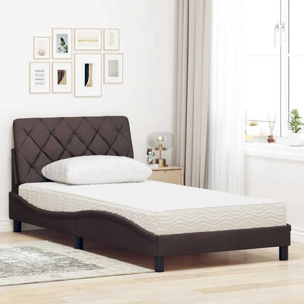 Cama com colchão 100x200 cm tecido castanho-escuro