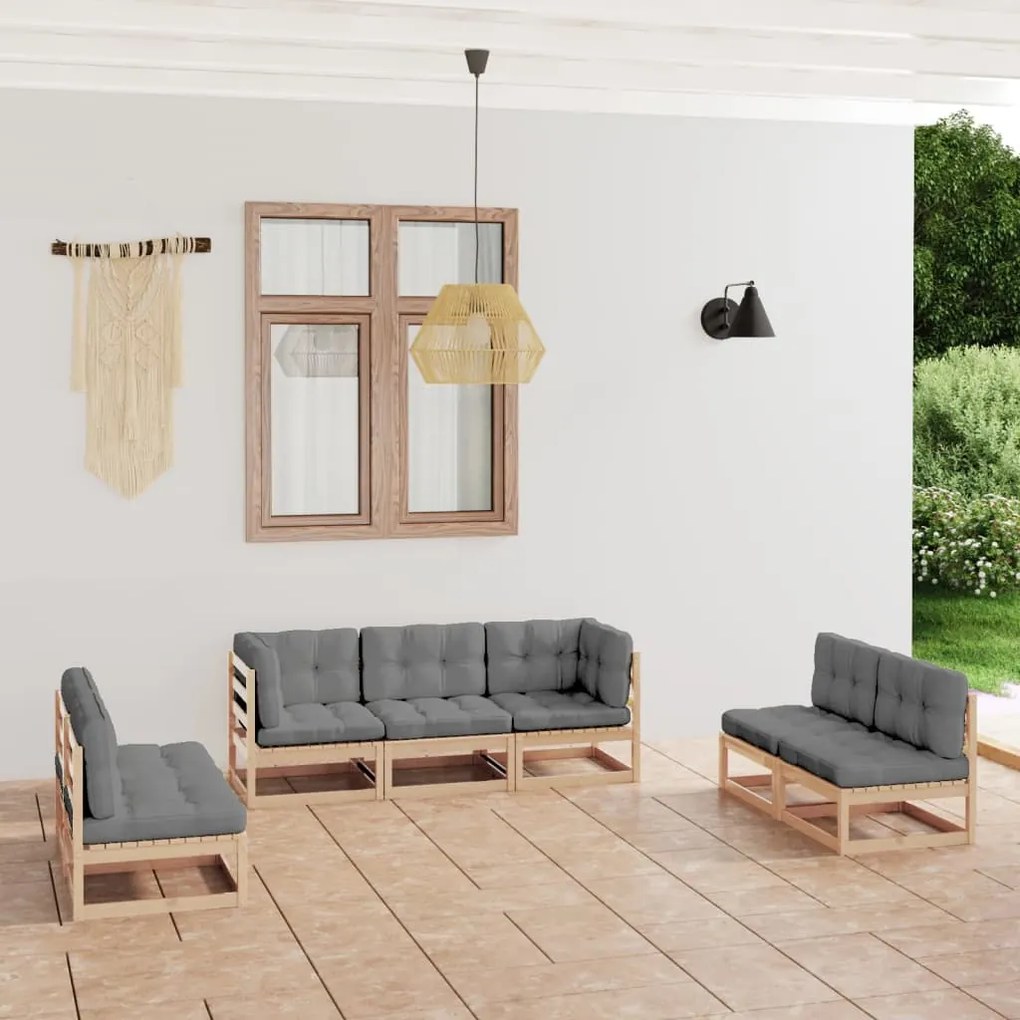 vidaXL 7 pcs conjunto lounge de jardim c/ almofadões pinho maciço
