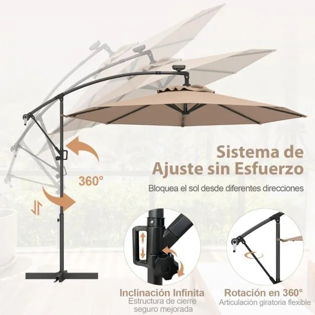 Guarda-sol exterior de 3 m com rotação de 360° e 32 com luzes LED Ajuste fácil da inclinação Manivela Café