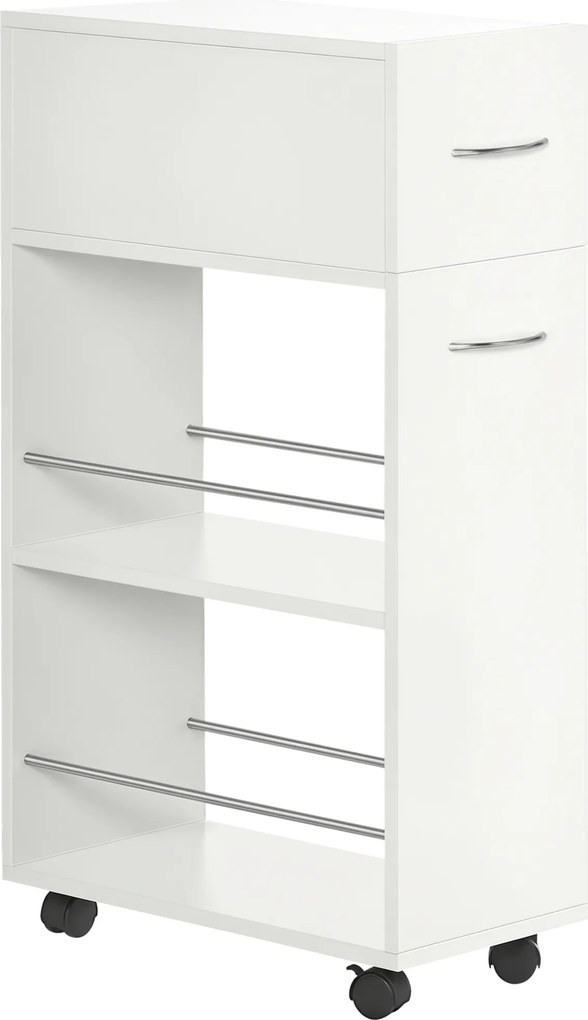 HOMCOM Carrinho Cozinha Gaveta Prateleiras Abertas Auxiliar Rodas Compacto 25x50x85cm Branco | Aosom Portugal