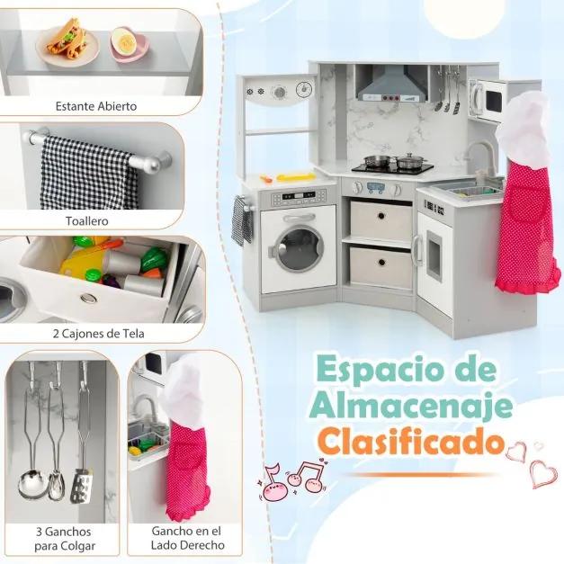 Cozinha de madeira para crianças com luzes e sons realistas Dispensador de água e máquina de lavar roupa para crianças com mais de 3 anos