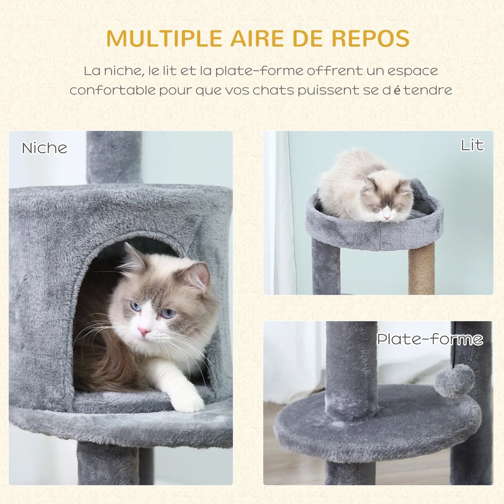 Arranhador para gatos Ø 48 x 104 A cm com vários acessórios: arranhadores, plataformas, compartimentos abertos e bola suspensa cinzento
