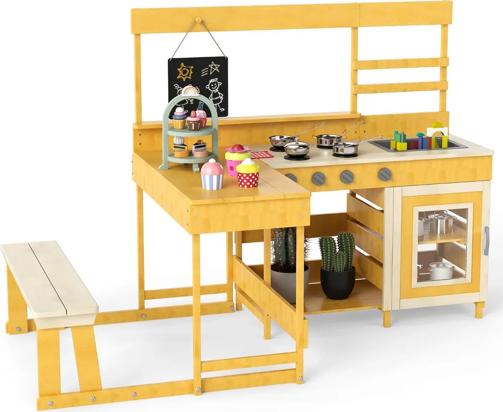Cozinha de brincar com mesa de piquenique para crianças de madeira de abeto com banco Quadro negro Acessórios Utensílios Amarelo