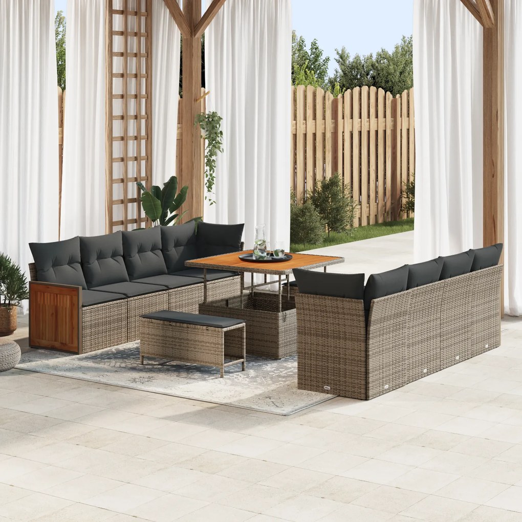 Conjunto de Sofás de Jardim de 11 Peças com Almofadas Cinza Polyrattan Acácia
