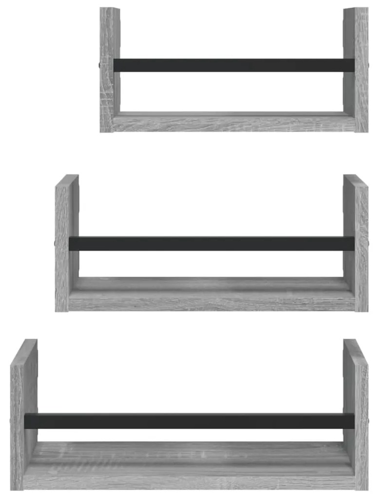 3pcs prateleiras parede c/ barras deriv. madeira cinza sonoma