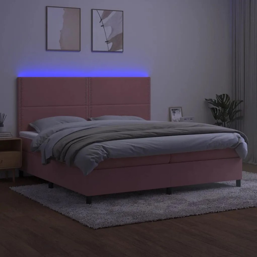 Cama box spring c/ colchão/LED 200x200 cm veludo rosa