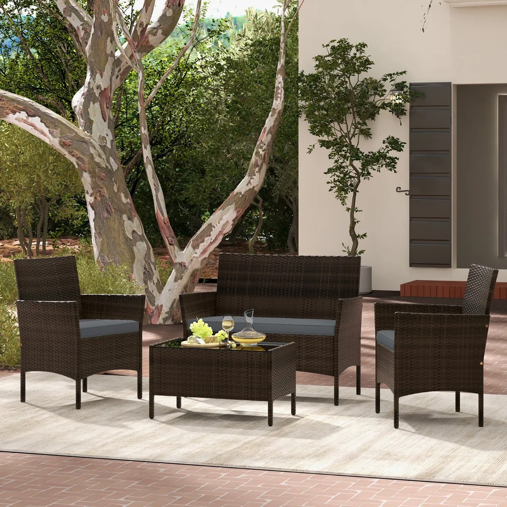 Conjunto de jardim, 4 peças: mobiliário de exterior com cadeira, sofá de 2 lugares e mesa de vidro temperado Castanho misto e almofadas Cinzentas