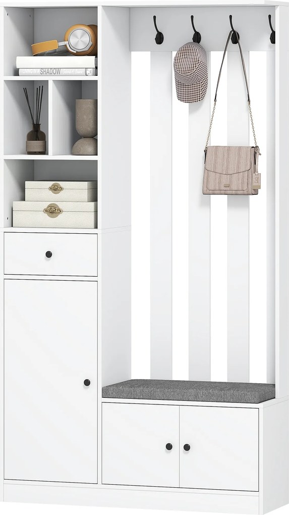 Móvel de entrada 4 em 1 100 x 30 x 180 cm, guarda-roupa de entrada com banco com espaço de arrumação, prateleira ajustável, 4 ganchos, branco