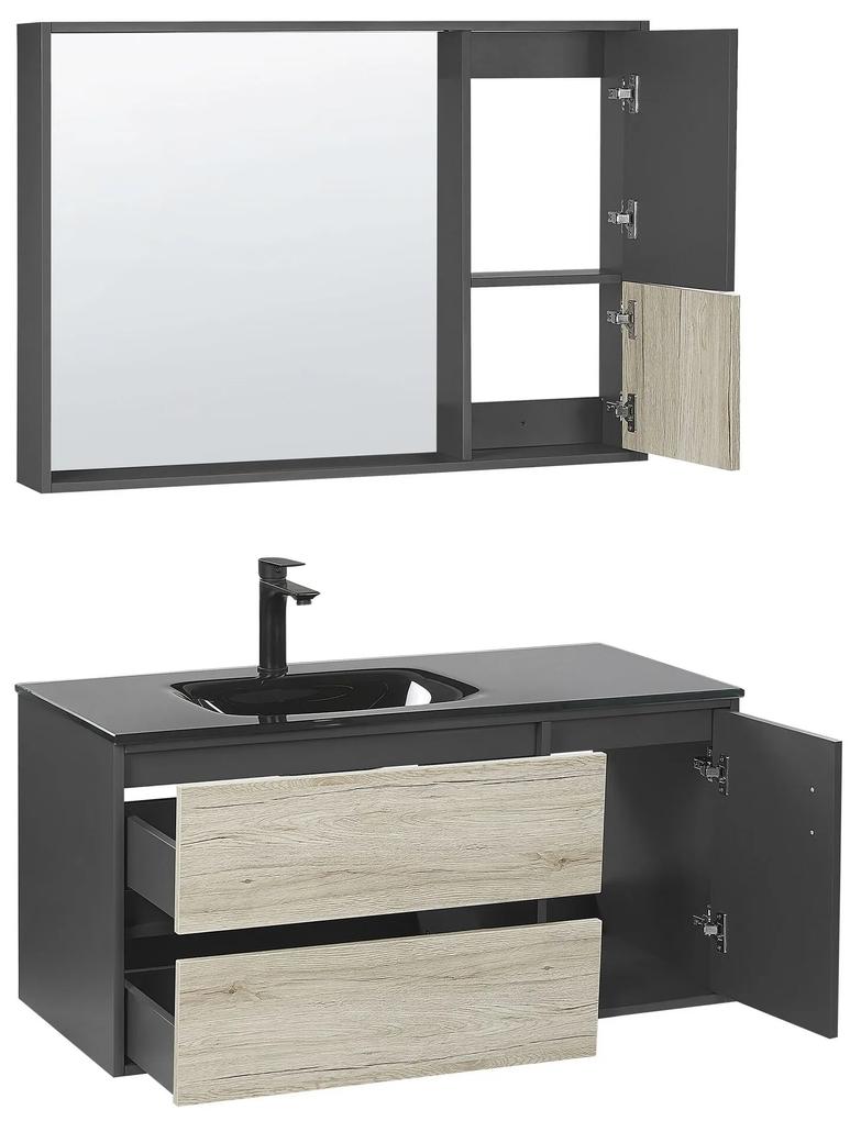 Móvel de casa de banho e espelho castanho claro e preto 100 cm TERUEL Beliani