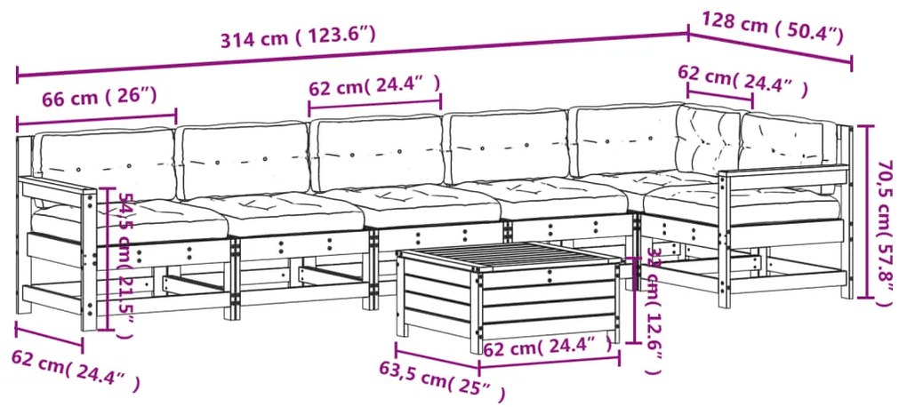 7 pcs conj. lounge jardim com almofadões madeira douglas maciça