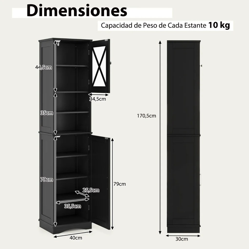 Armário de casa de banho alto 40 x 30 x 170,5 cm  com 5 prateleiras ajustáveis