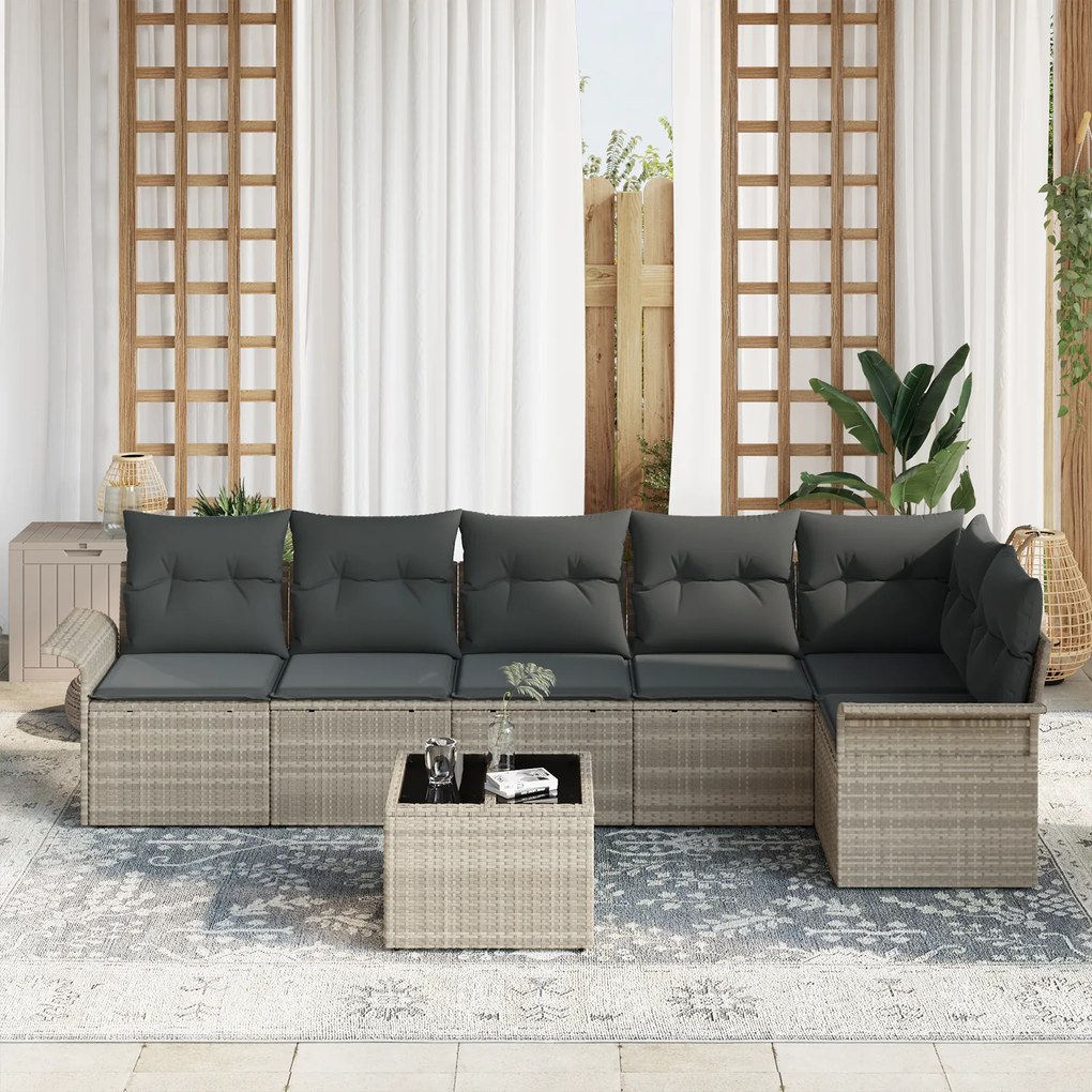 Conjunto de Sofá de Jardim de 7 Peças com Almofadas Cinza Rattan de Po