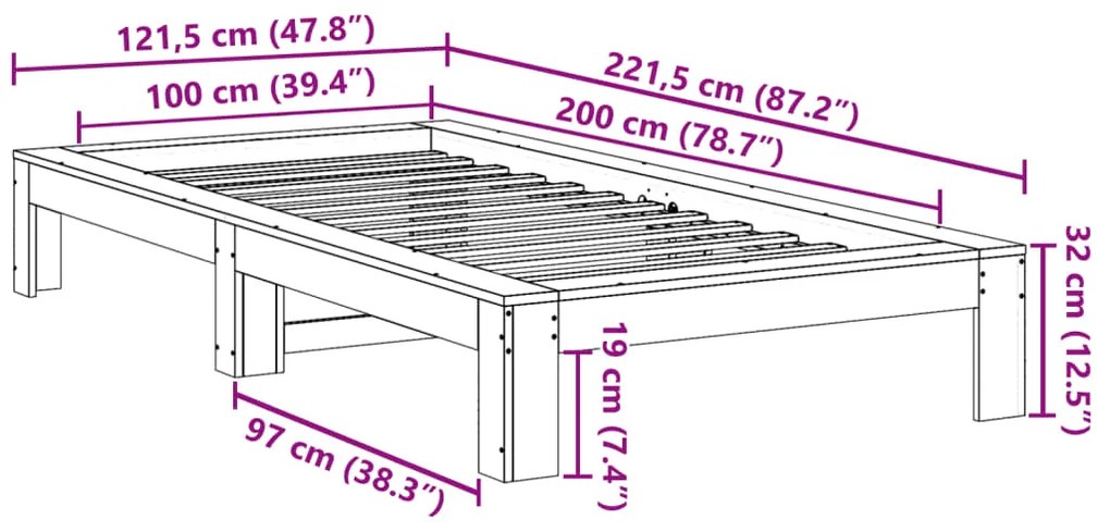 Cama sem colchão 100x200 cm madeira de pinho maciça branco