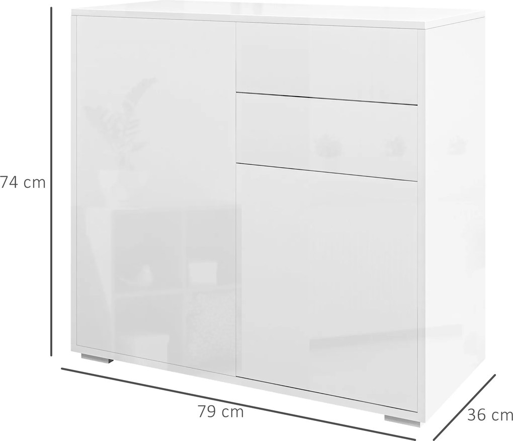 Cómoda, aparador, móvel de arrumação com 2 gavetas, 2 portas e prateleira – 79 x 36 x 74 cm, branco brilhante