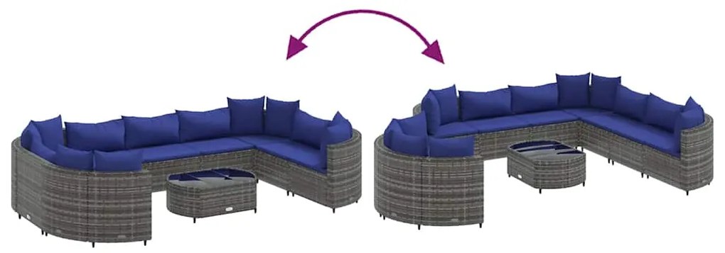10 pcs conjunto sofás de jardim c/ almofadões vime PE cinzento