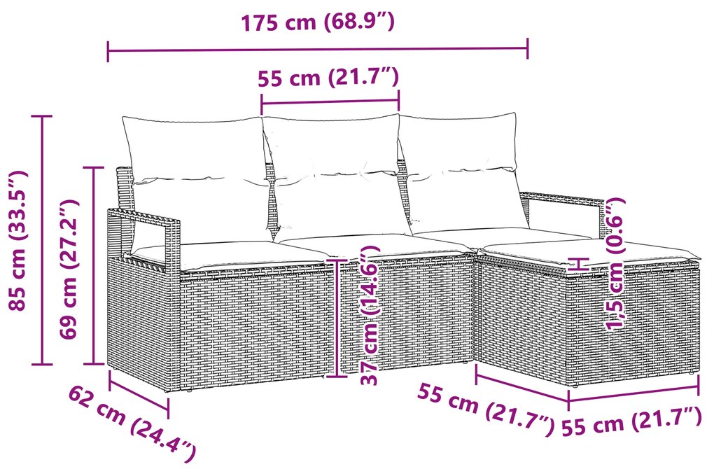 Conjunto de Sofás de Jardim vidaXL de 4 Peças com Almofadas Cinza Ratt