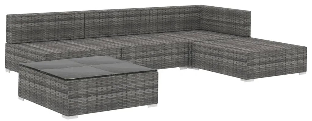 5 pcs conjunto lounge de jardim c/ almofadões vime PE cinzento