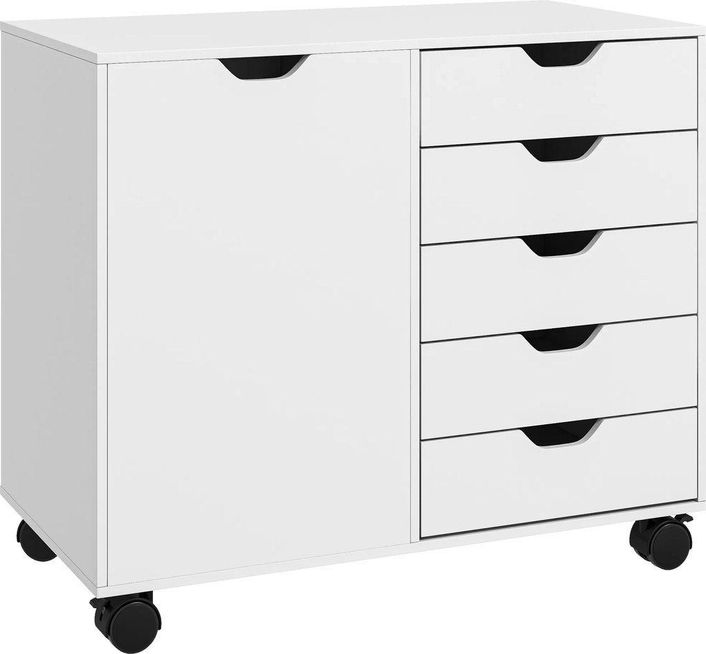 HOMCOM Gaveteiro de Escritório com Rodas, 5 Gavetas, Prateleira Ajustável e Suporte para Impressora, 78x40x66,5 cm, Branco | Aosom Portugal