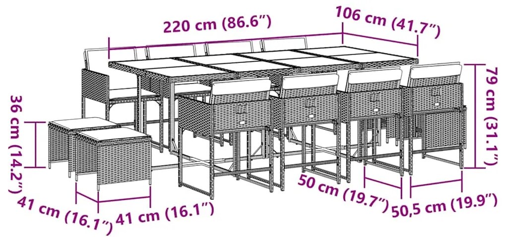 13 pcs conj. jantar jardim c/ almofadões vime PE cinzento-claro