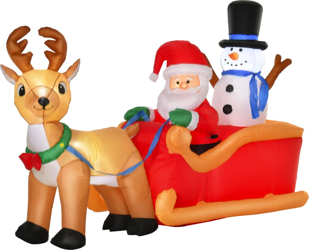 Pai Natal Insuflável com Trenó e Renas, 200 x 80 x 128 cm, Iluminação LED, Vermelho