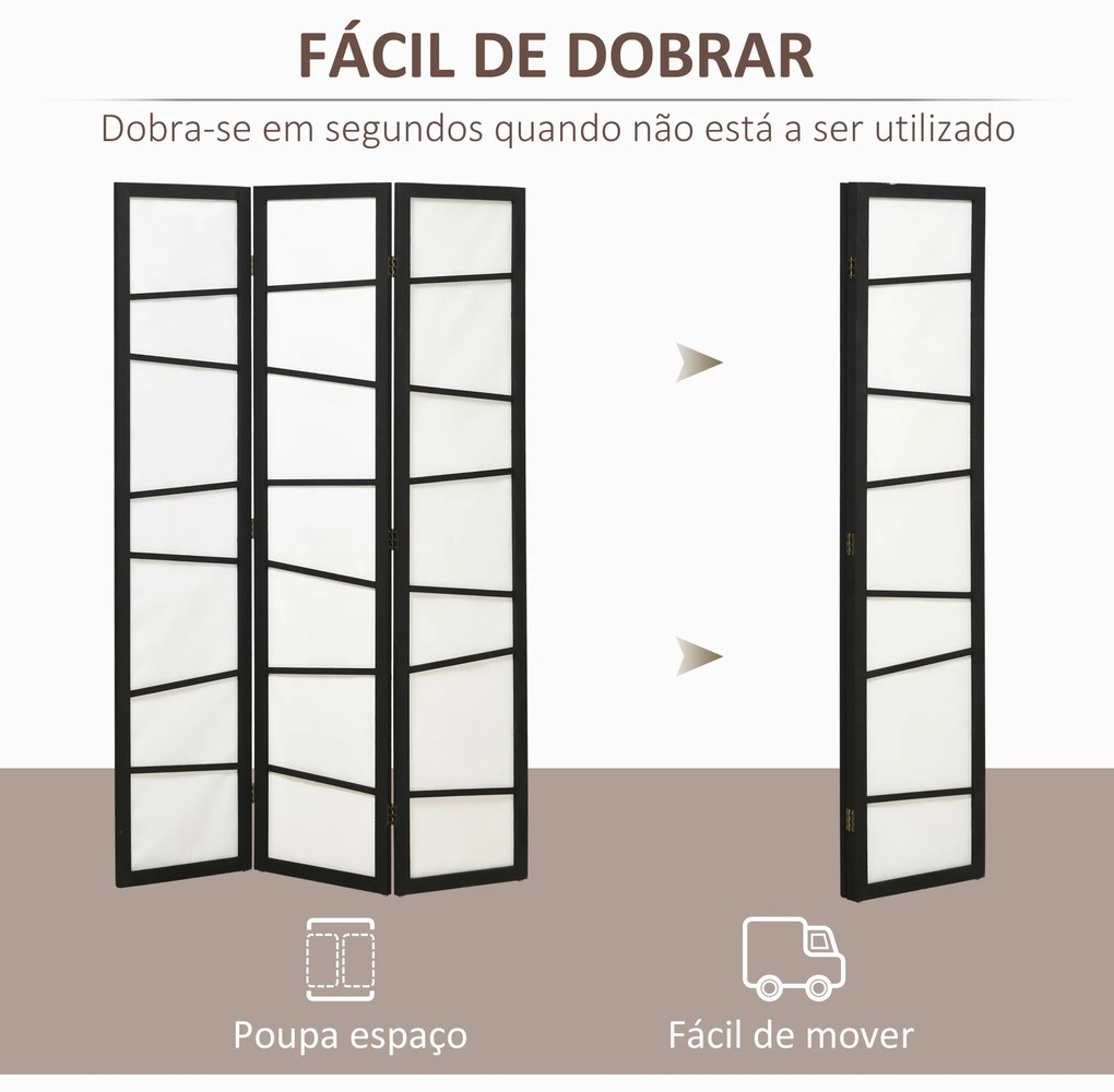 Biombo de 3 Painéis Separador de Ambientes Dobrável Divisória para Espaços de Madeira 135x180 cm Preto e Branco