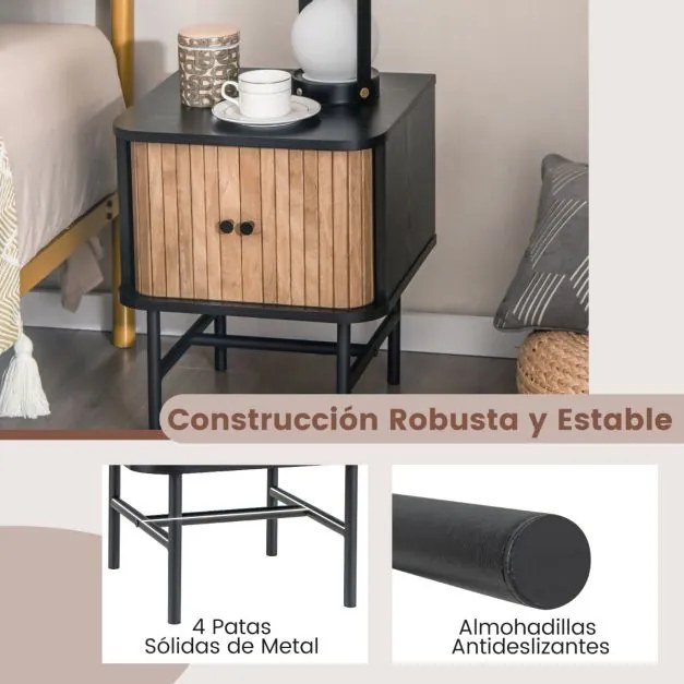 Mesa de cabeceira ou de mesa de apoio com portas de correr com armário de arrumação Pés de metal 40 x 39 x 49 cm Preto