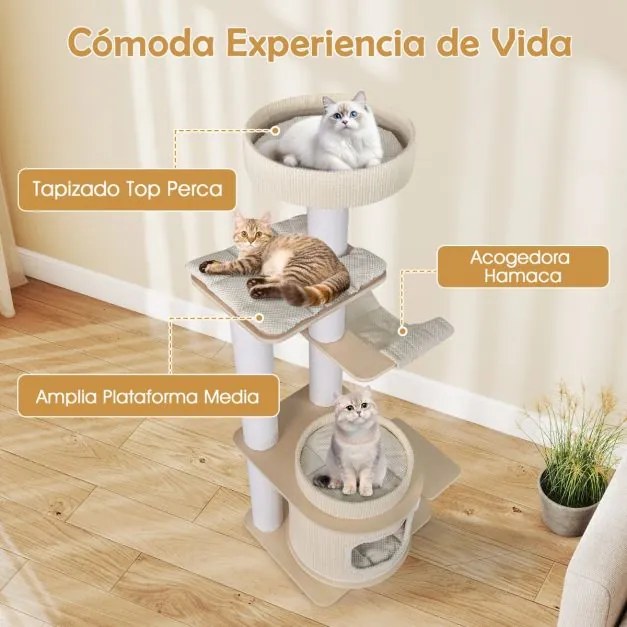 Arranhador para gatos de 151 cm com vários níveis, com poleiro acolchoado, caverna de 2 níveis, poste para arranhar e rede natural + branco