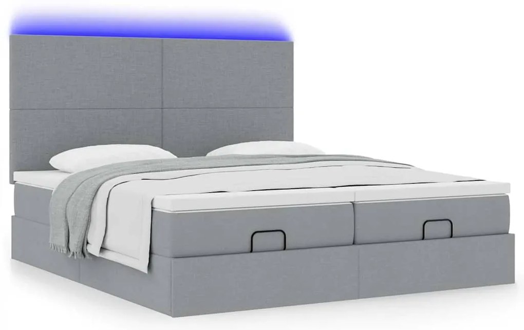 Estrutura de cama otomana com colchões tecido cinzento claro