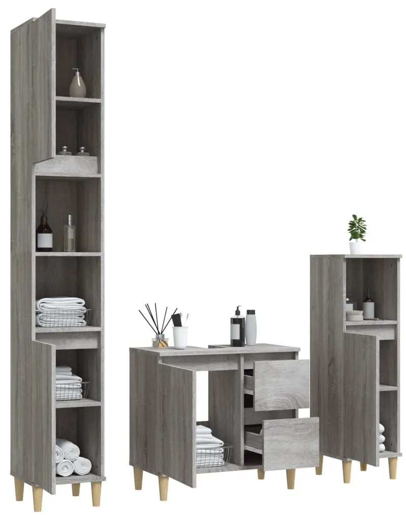 3 pcs conjunto móveis WC derivados de madeira cinzento sonoma
