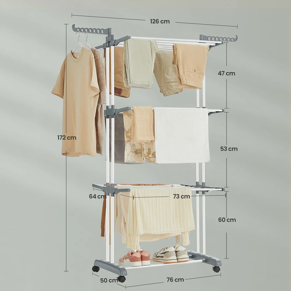Estendal de roupa com 4 níveis, com abas dobráveis e rodas 63,5 x 128 x 173 cm branco