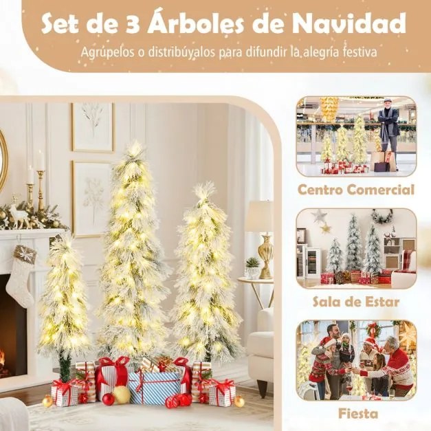 Conjunto de 3 árvores de Natal artificiais de 90 cm, 120 cm e 150 cm pré-iluminadas com pontas nevadas 30, 50 e 70 luzes verdes