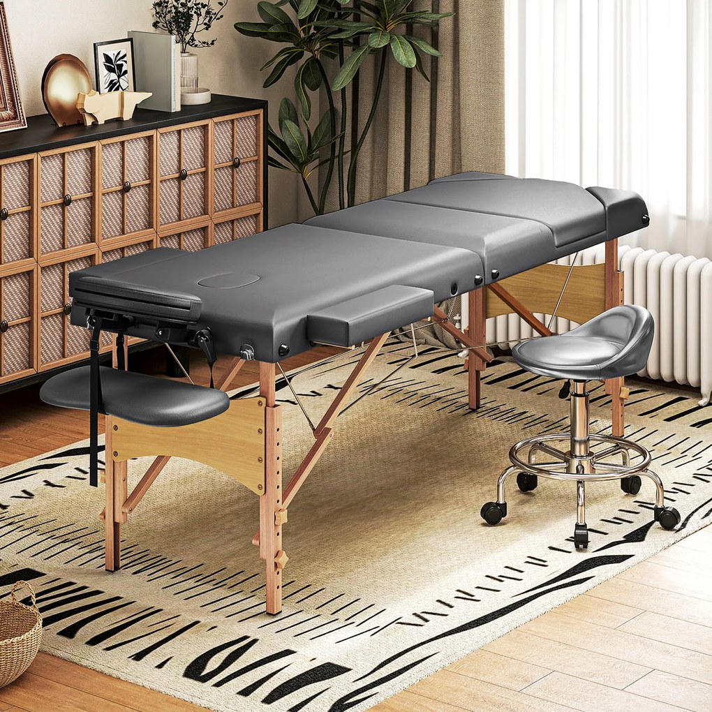 Marquesa de Massagem Dobrável Portátil com Altura Ajustável Apoio de Cabeça Apoios de Braço Acolchoados 215x60x64-89 cm Cinza