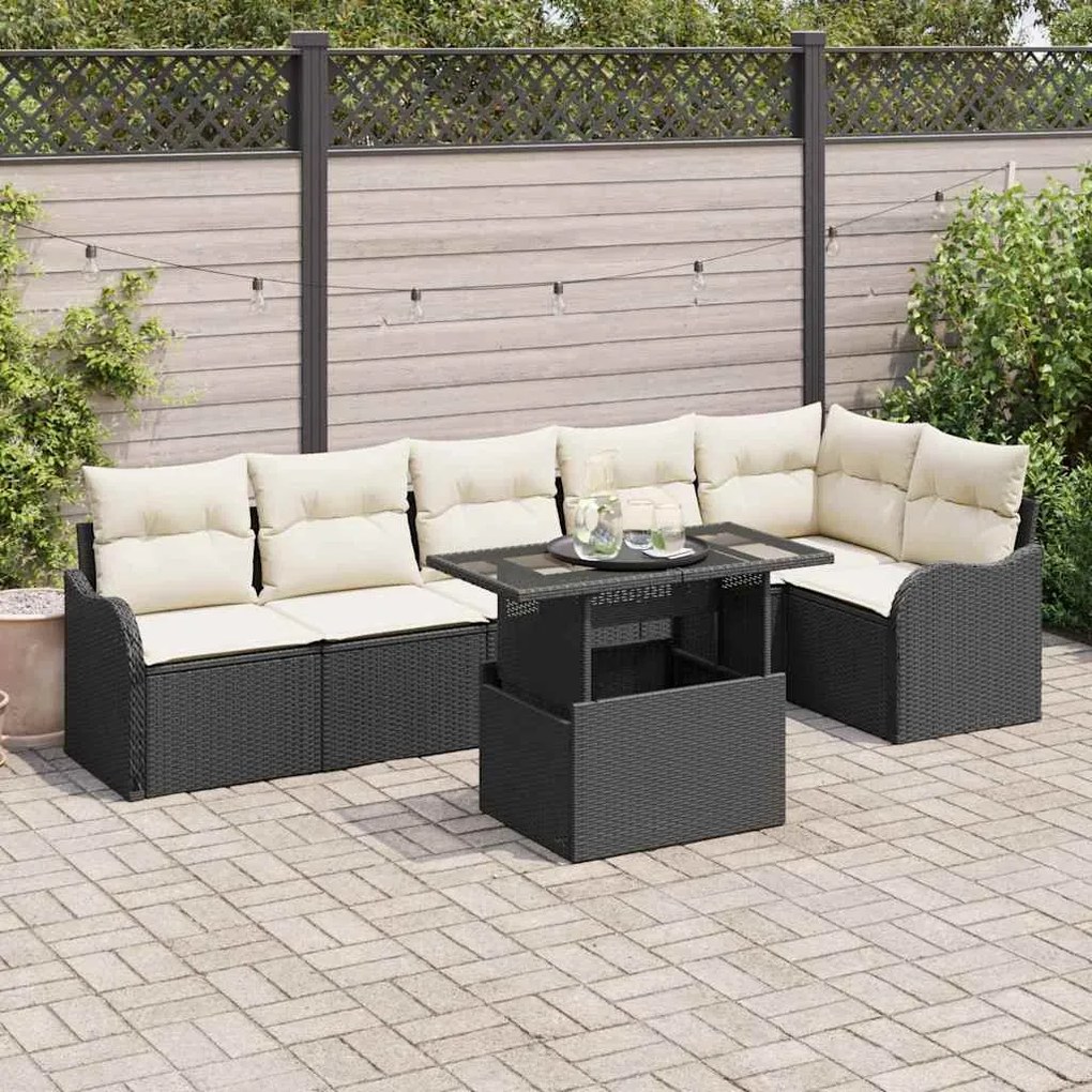 Conjunto de Sofá de Jardim vidaXL 7 peças com Almofadas Preto Rattan S