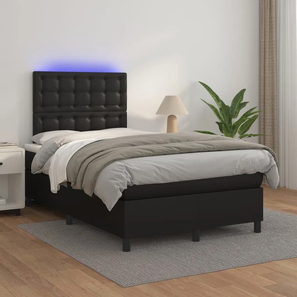 Cama box spring c/ colchão/LED 120x200cm couro artificial preto