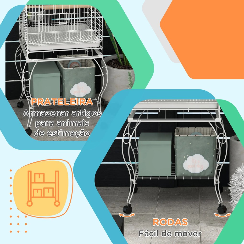 Gaiola para Pássaros com Rodas Bandeja Amovível Prateleira 2 Comedouros de Aço Inoxidável e Poleiro 51x51x153 cm Branco
