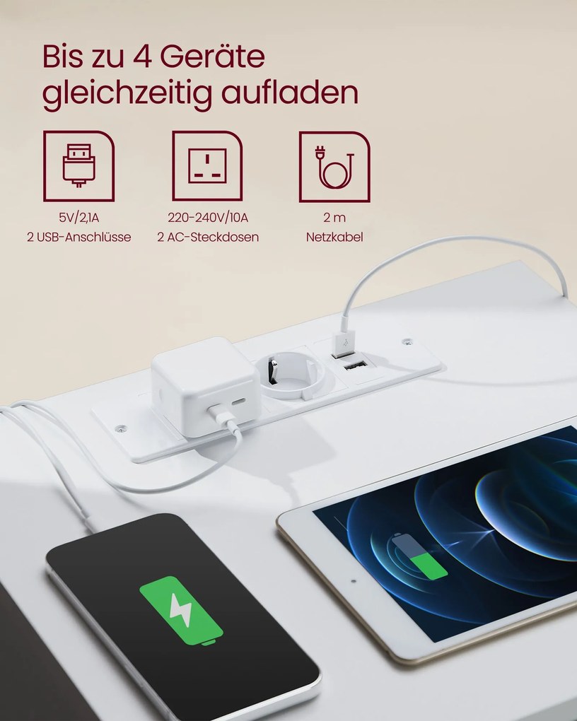 Conjunto de 2 mesas de cabeceira 35 x 40 x 59 cm modernas com 2 tomadas CA e 2 portas USB, brancas