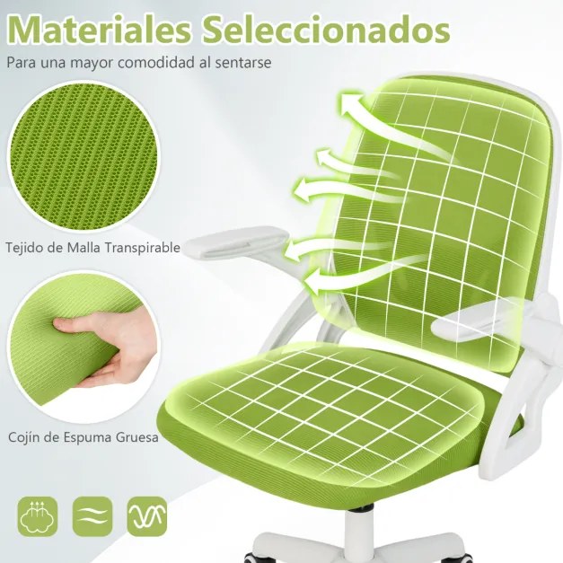 Cadeira de escritório ergonómica com apoio lombar integrado, apoios de braços rebatíveis, rodas universais, altura ajustável, Verde