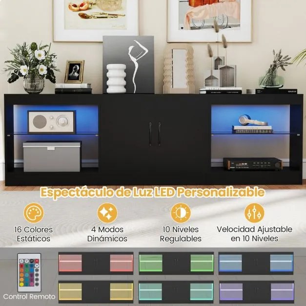 Móvel para TV até 85" com 195 x 30 x 55 cm de 3 em 1 com luzes LED e prateleiras de vidro ajustáveis Preto