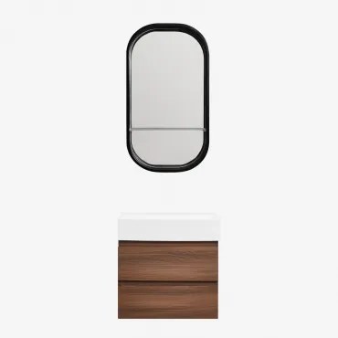Conjunto De Móvel De Casa De Banho Em Madeira E Chapa De Freixo Com Lavatório Integrado Ona Madeira Escura & Oval Com Prateleira Preto - Sklum