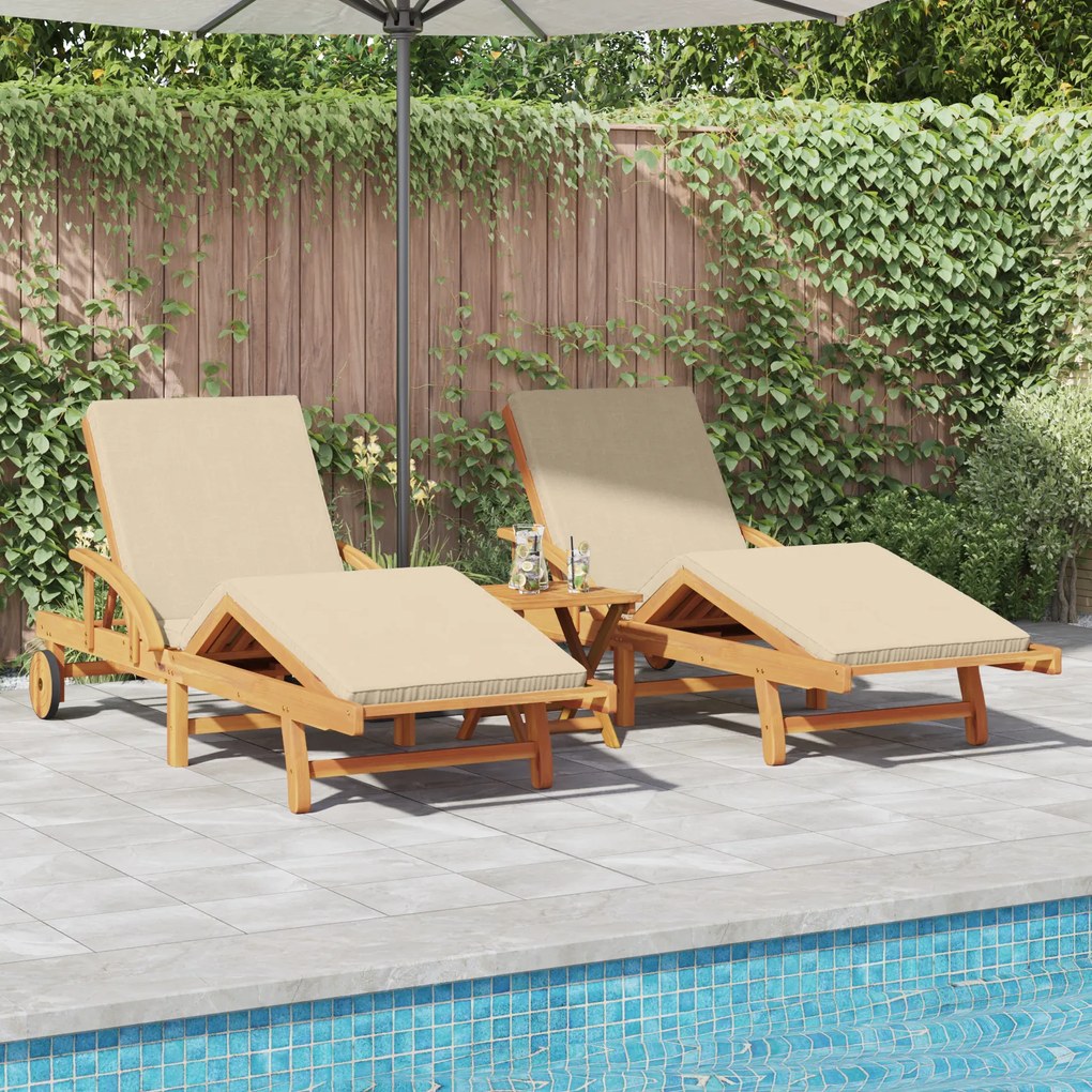 vidaXL Espreguiçadeiras de Sol 2 pcs com Almofadas e Rodas Bege Madeira Sólida Acácia
