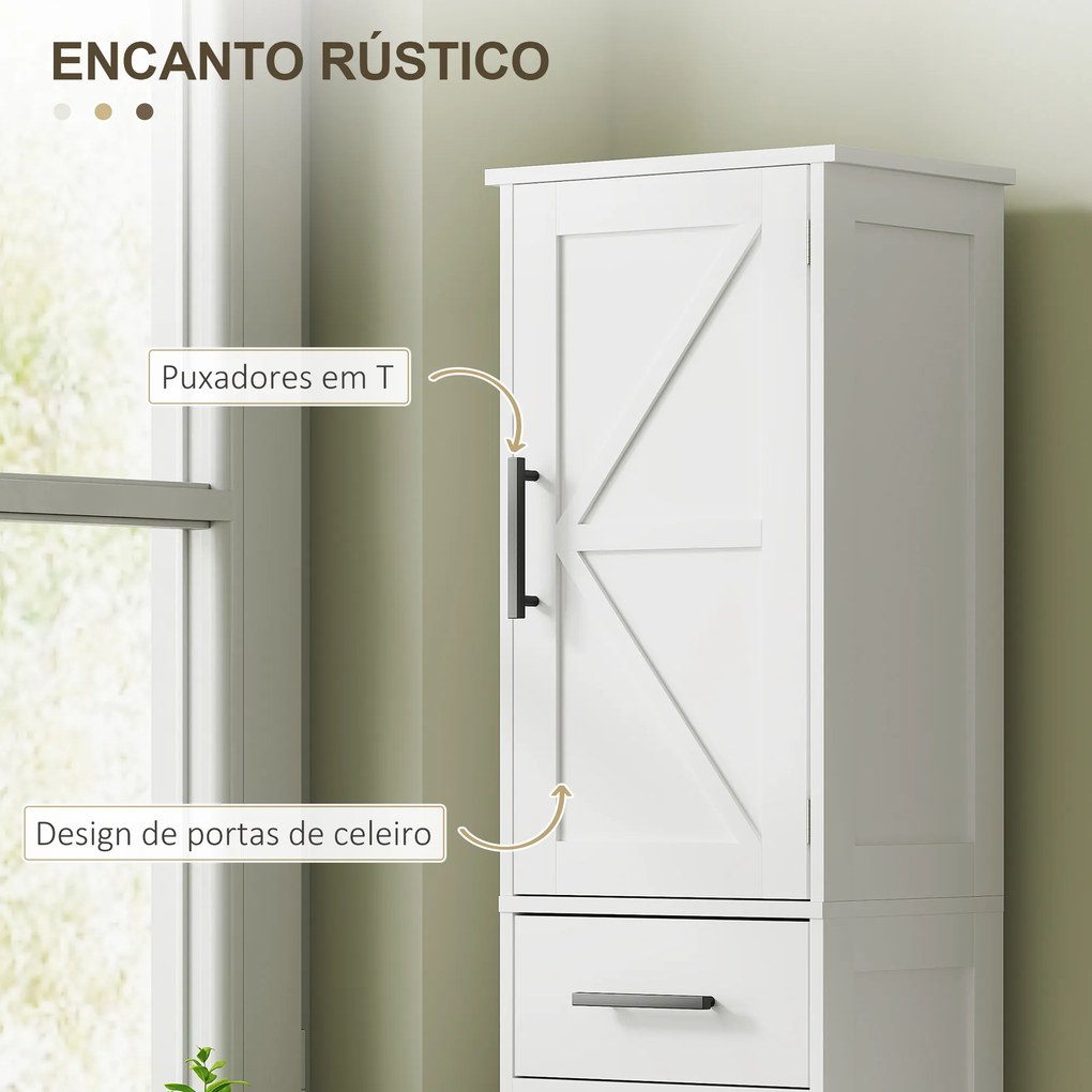 Coluna de Casa de Banho com 2 Prateleiras Ajustáveis Armário Alto de Casa de Banho Estreito Estilo Rústico 40x30x170 cm Branco