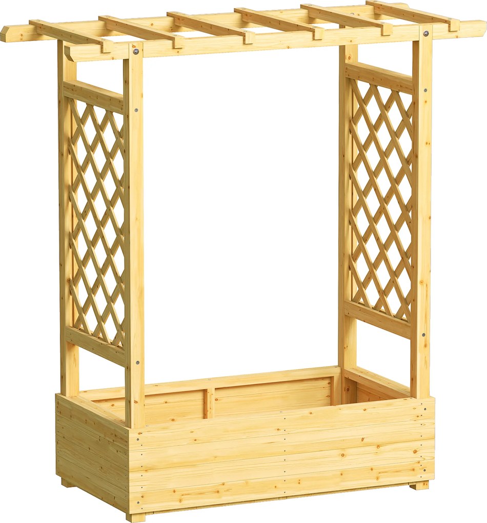 Outsunny Jardineira elevada com treliça lateral e superior, vaso com furos de drenagem, 110x44x113cm, madeira natural | Aosom Portugal