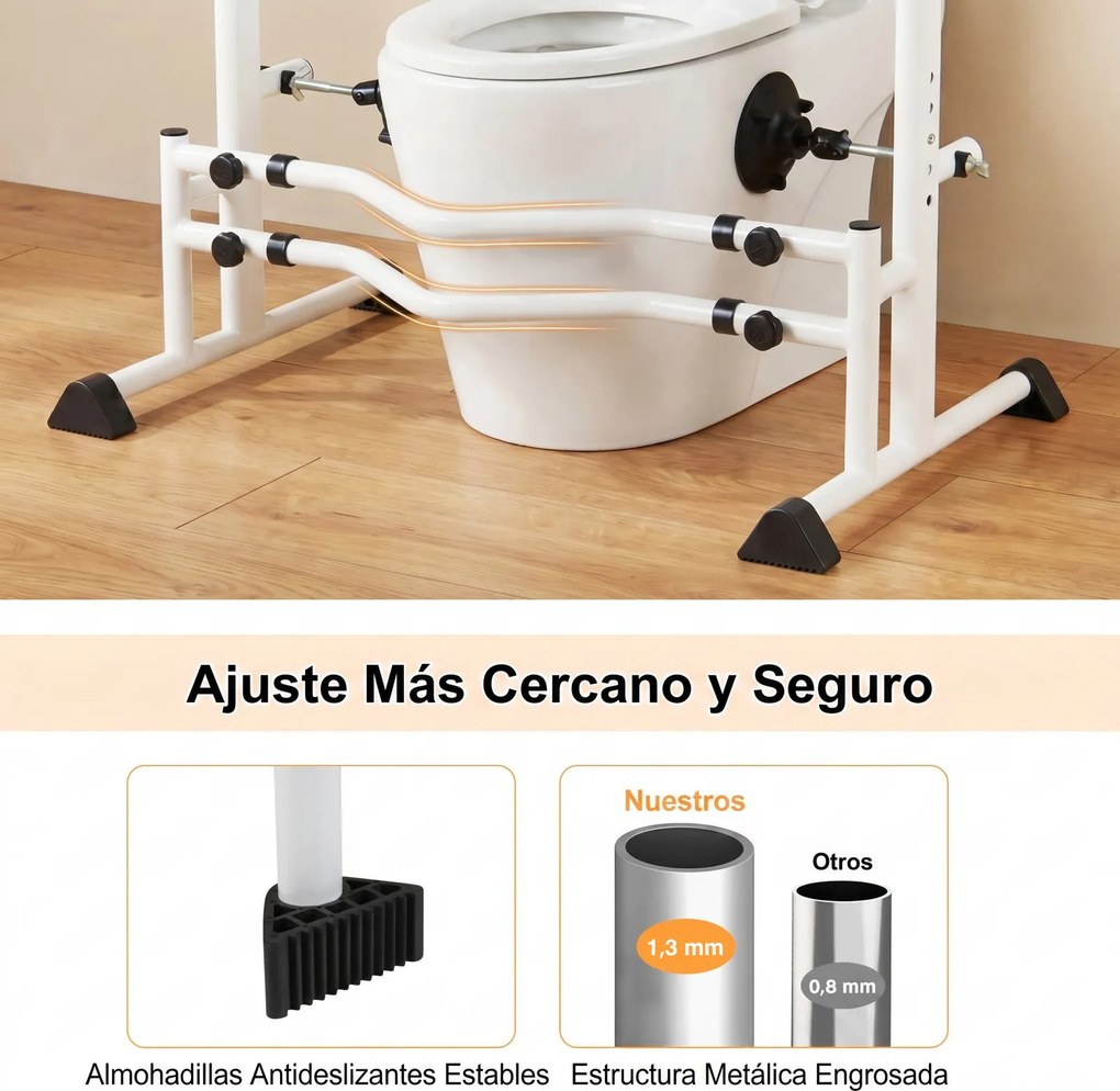 Apoio para se levantar da sanita com braços de apoio, altura ajustável de 64 a 74 cm, Estrutura metálica, braçadeiras e barra de segurança para idosos