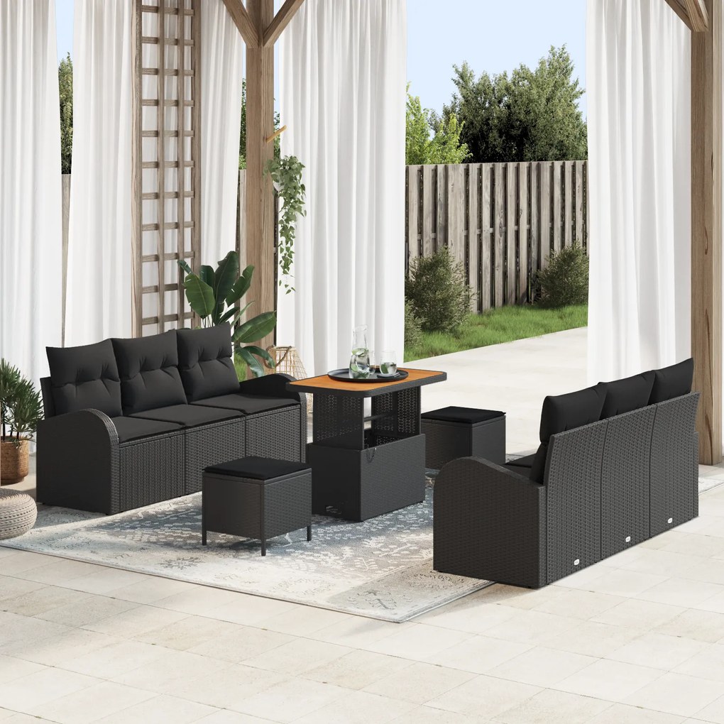 Conjunto de Sofá de Jardim de 9 Peças com Almofadas Rattan Poliéster Preto Acácia