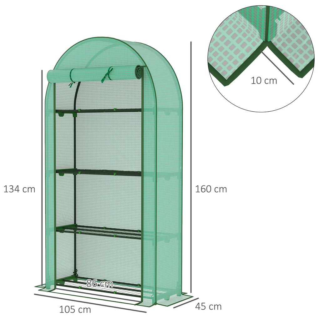 Estufa Pequena com 4 Prateleiras Porta Enrolável Cobertura de PE e Estrutura de Aço para Cultivos 105x45x160 cm Verde